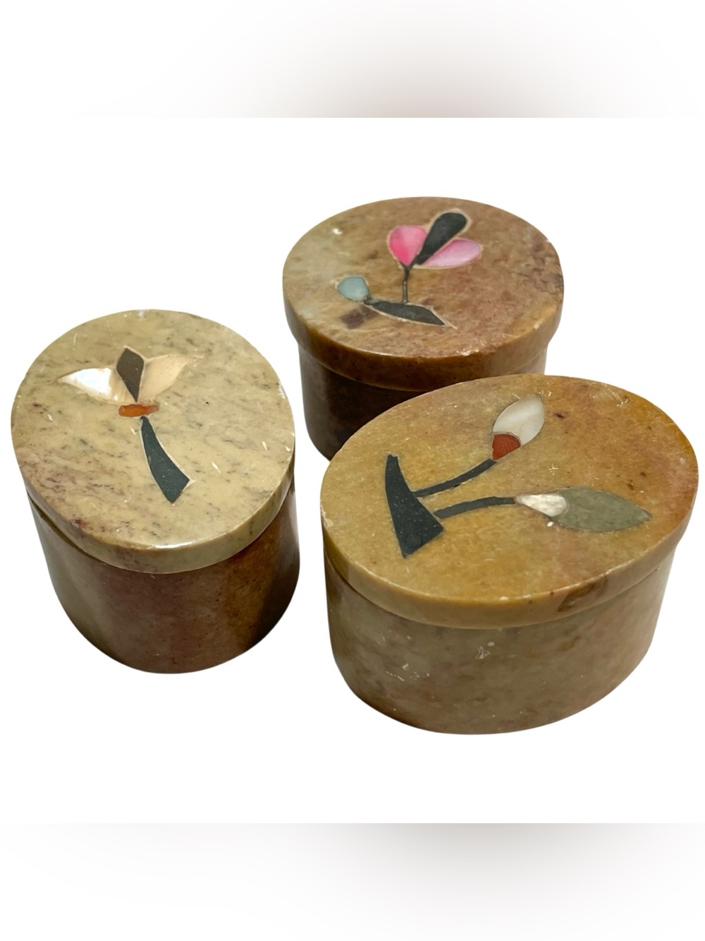 Vintage 1980s Lidded Stone Trinket Box with Floral Inlay - Set of 3 Hand Carved